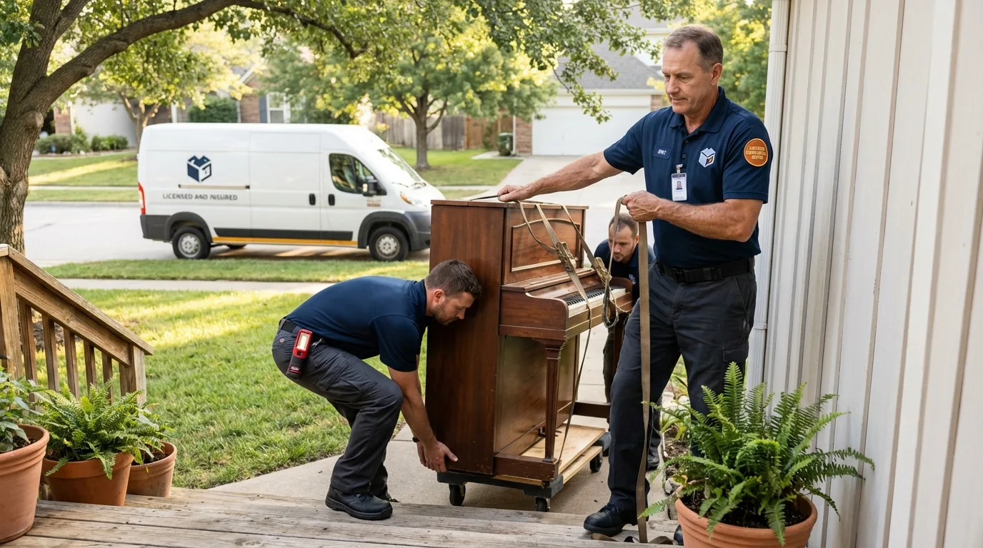 Licensed piano movers securing grand piano in Kenmare, ND