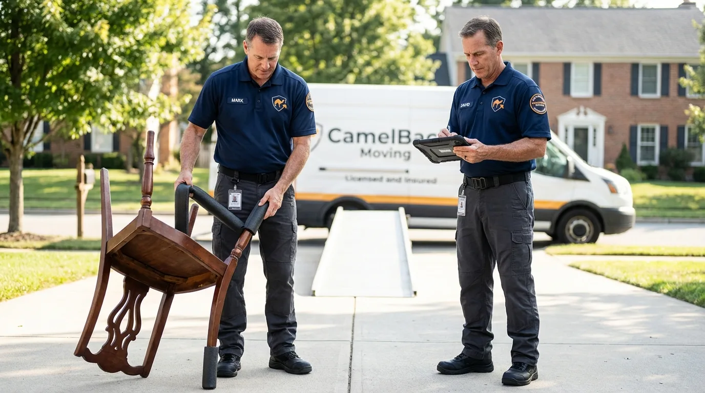 Movers inspecting furniture for damage prevention before loading in Kenmare, ND