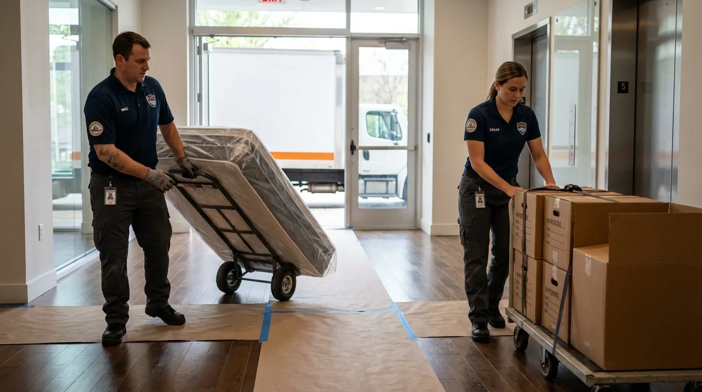 Professional apartment movers loading elevator in Kenmare, ND