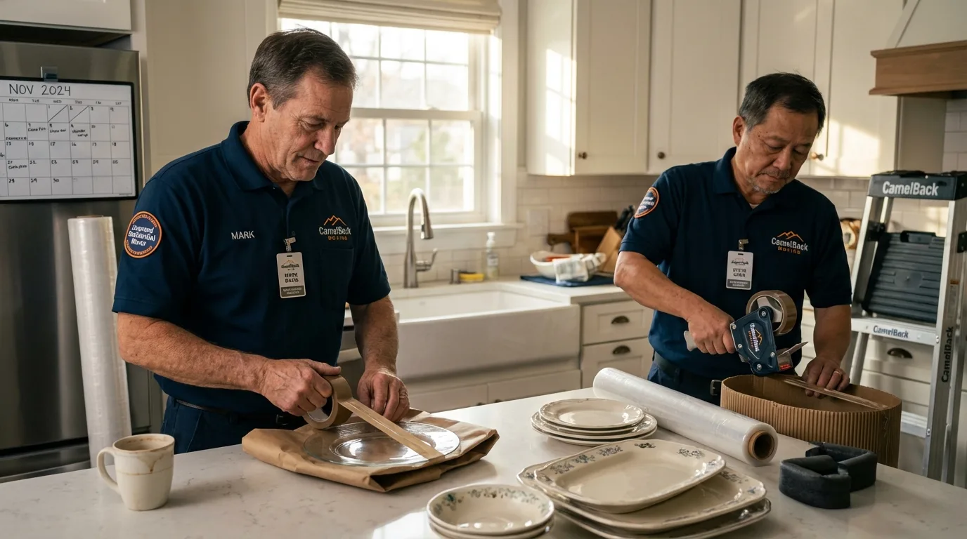 Professional crew packing kitchen dishware in Kenmare, ND